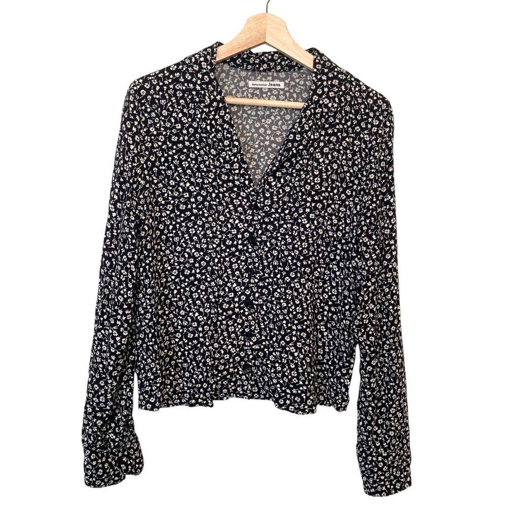 Reformation Jeans Black White Ditsy Floral Long Sleeve Button Up Blouse Size S